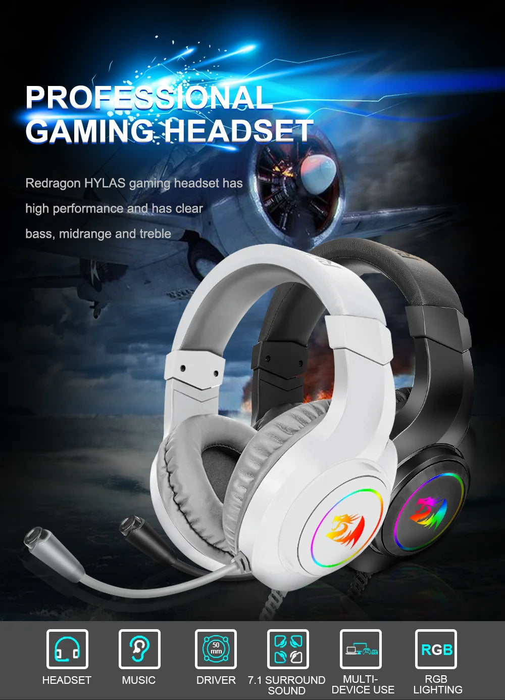 Cuffie da gioco REDRAGON HYLAS H260 RGB, audio surround da 3,5 mm PC XBOX PS