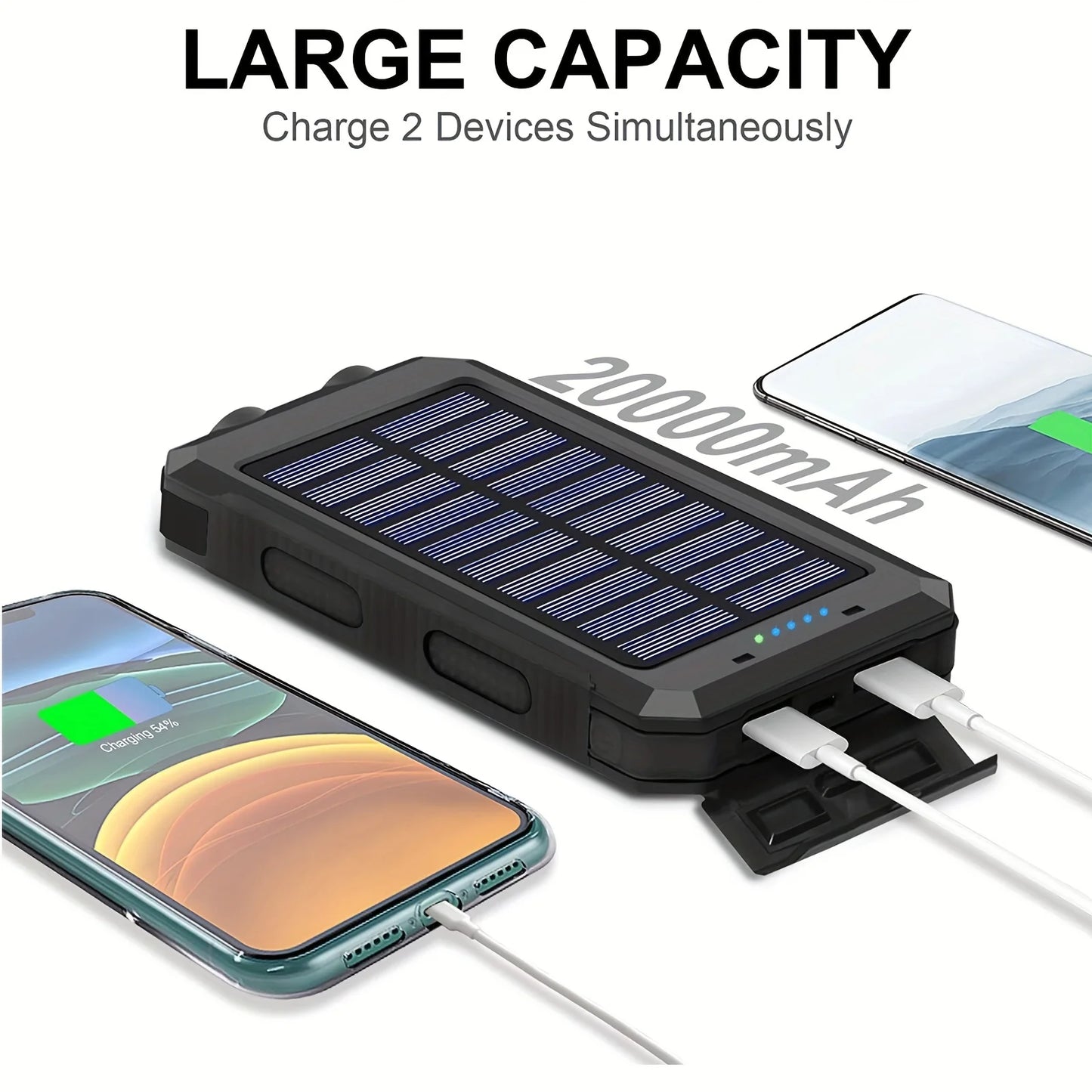 Caricabatterie solare Power Bank 20000mAh con TORCIA. Batteria portatile 5V.