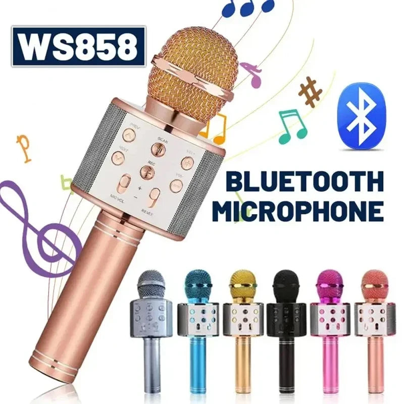 Microfono KARAOKE WS858 per bambini con Bluetooth Wireless 5 in 1 e Luci LED.