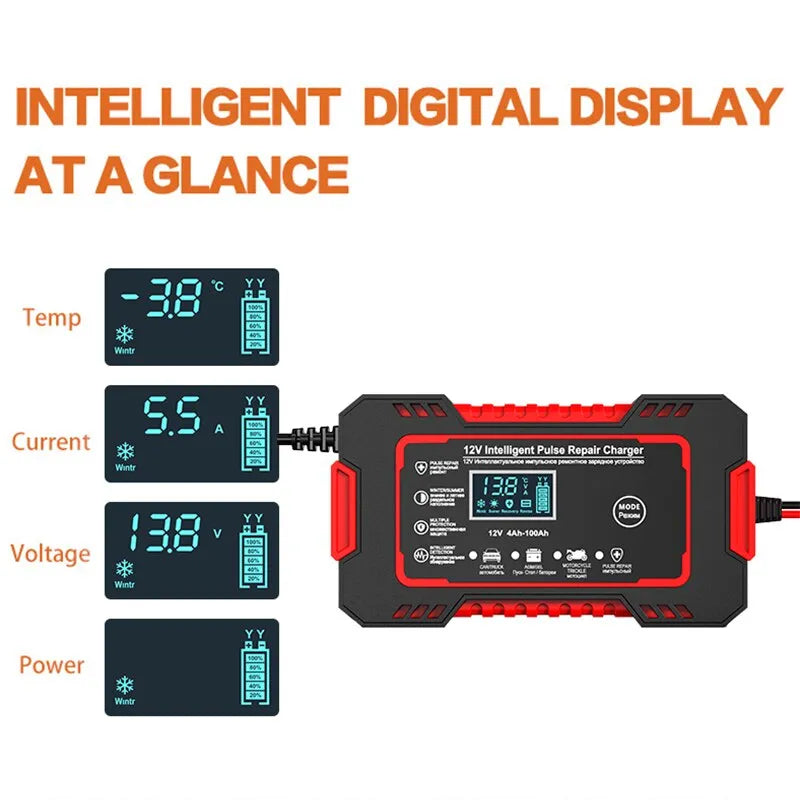 CARICABATTERIA per Auto 12V 6A. Display LCD. Caricatore al piombo per Auto moto.