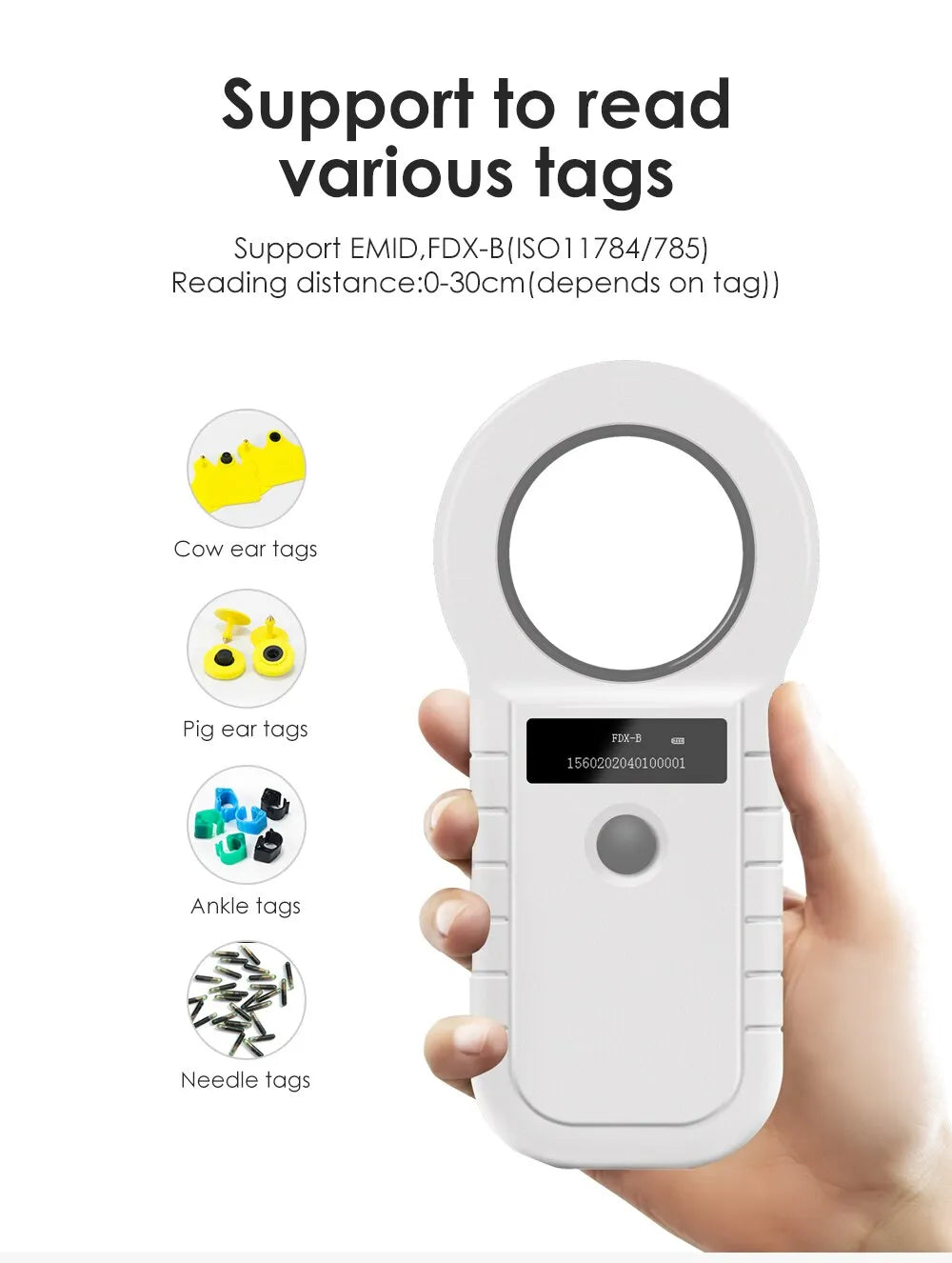 Microchip Tag registrazione per Mucca, Pesce e Cane 134.2KHz RFID Animal Reader.