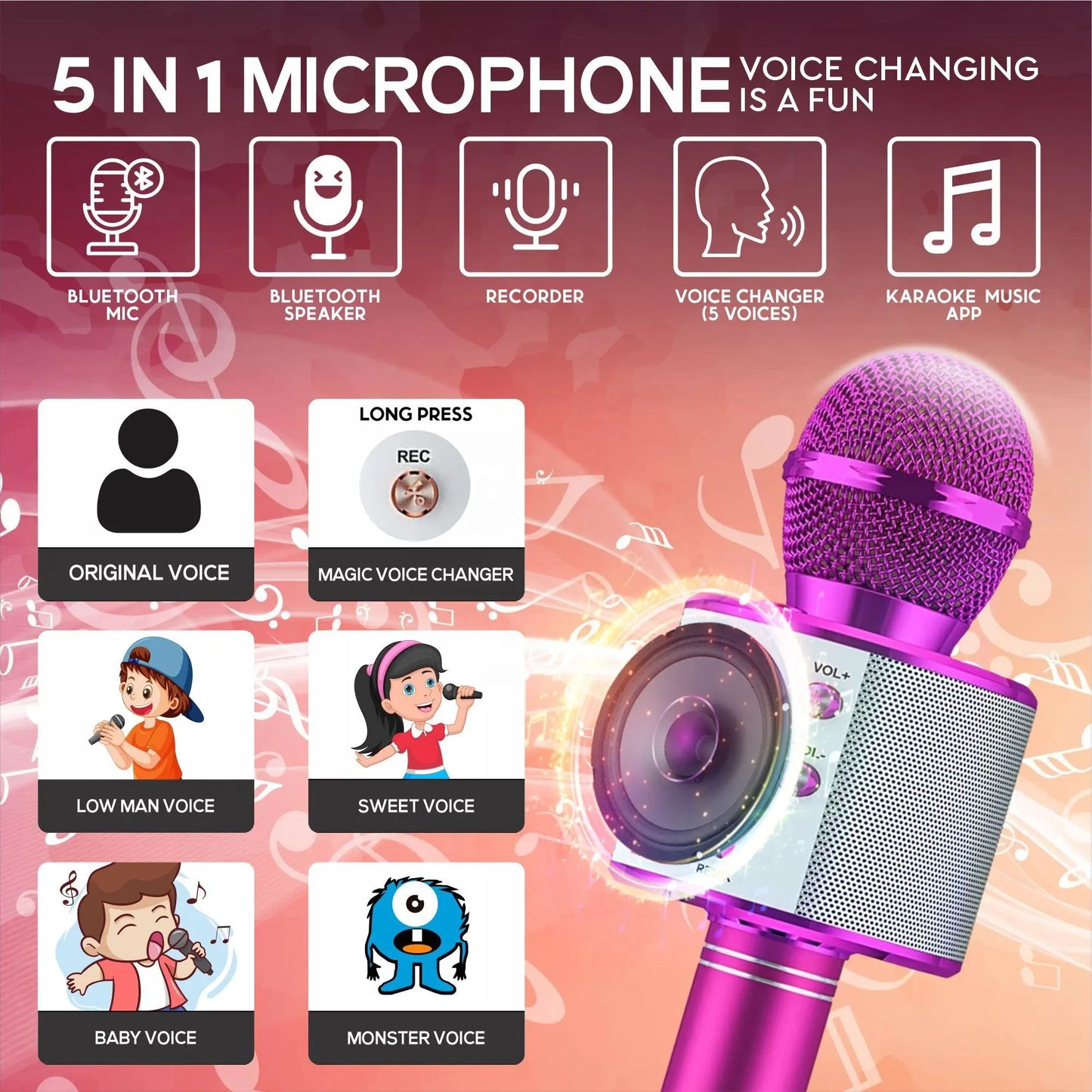 MICROFONO Bluetooth senza fili ricaricabile per bambini. Altoparlante Bluetooth